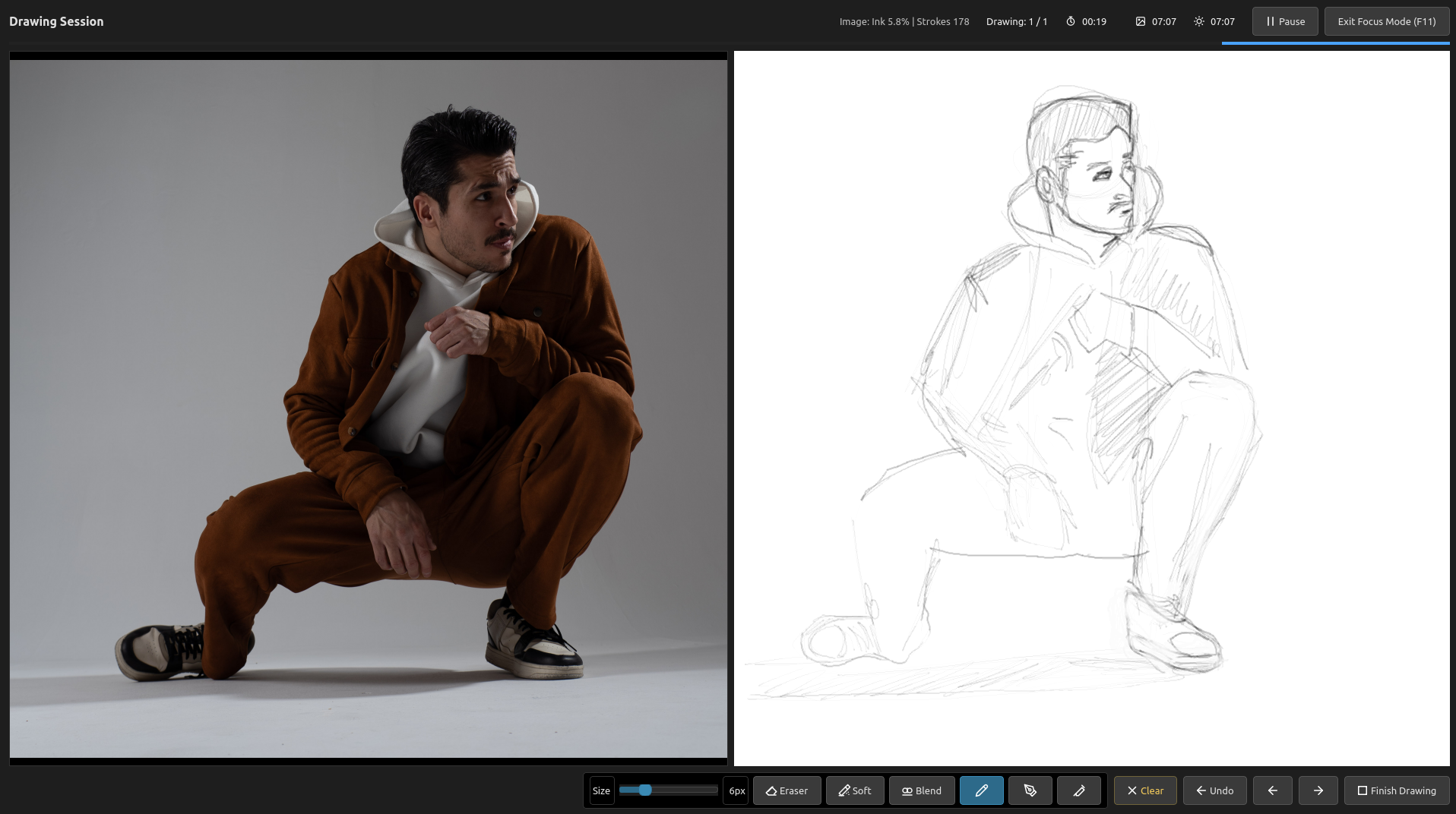 A Drawing session with the reference on one side and a partly finished drawing on the built-in canvas, plus the tool row and timers.